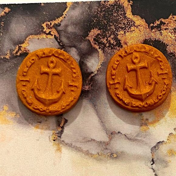 NEW Gold Nautical Anchor Coin Polymer Clay Stud Earrings - Picture 1 of 2